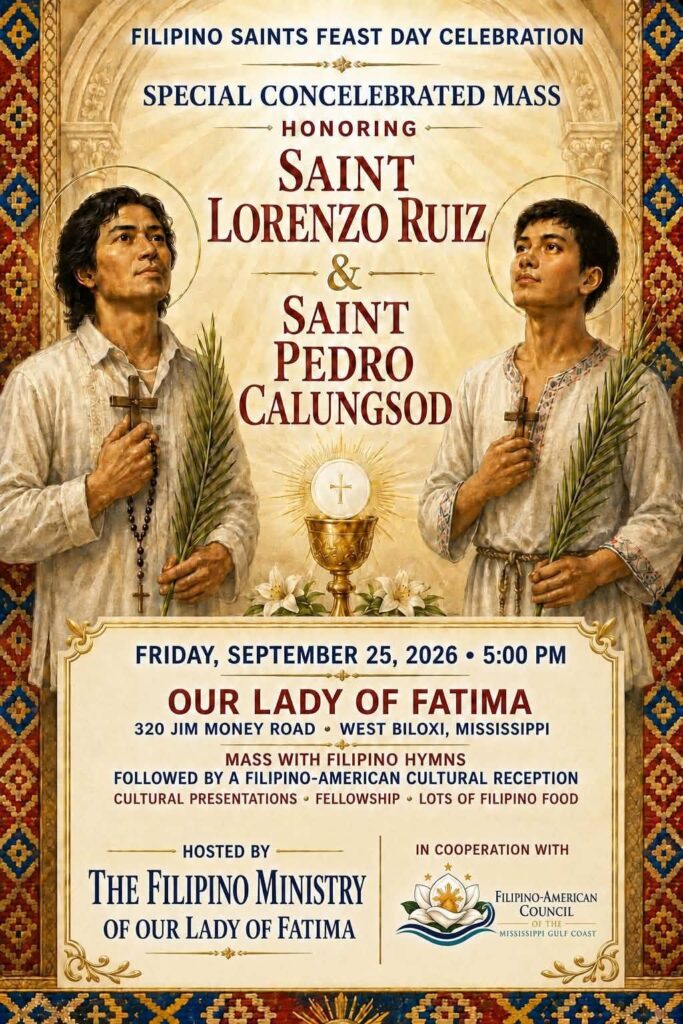 Filipino Saints Feast Day Celebration flyer honoring Saint Lorenzo Ruiz and Saint Pedro Calungsod